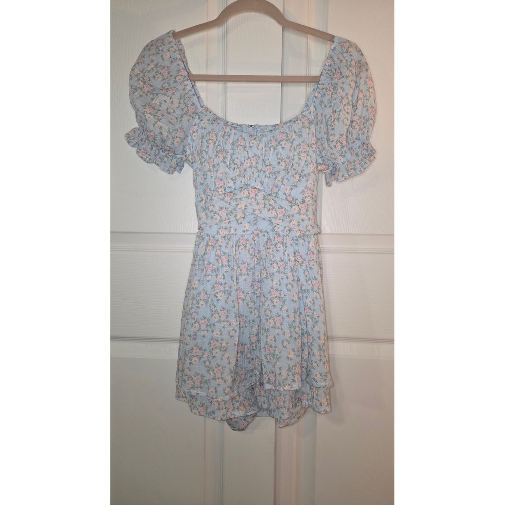 Altar'd State Floral Puff Sleeve Romper Light Blue Pink Rose XS Square Neck Tie